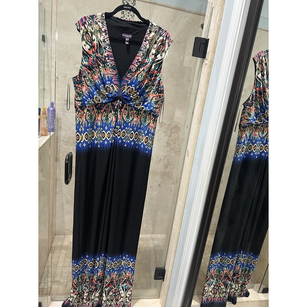 Long Tall Sally Womens 16 Floral Ikat Print Knit Maxi Dress Sleeveless V-neck